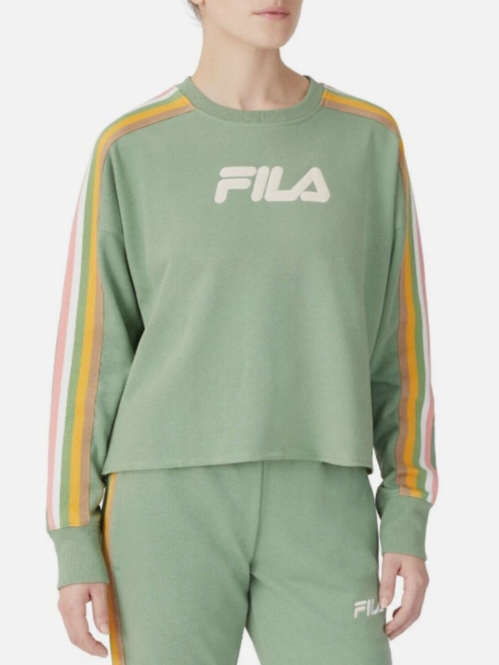 FILA Women's Plus Size Clover Crewneck Logo Colorblocked Sweatshirt Green 1X/2X